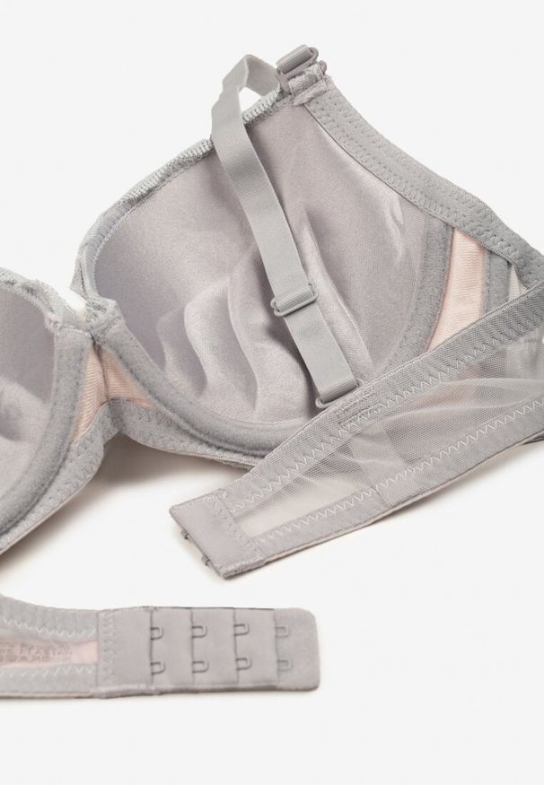 Born2be - Szaro-Różowy Koronkowy Biustonosz Push Up Ozdobiony Metaliczną Aplikacją Norithiel. Kolor: szary. Materiał: koronka. Rodzaj stanika: push-up. Wzór: aplikacja