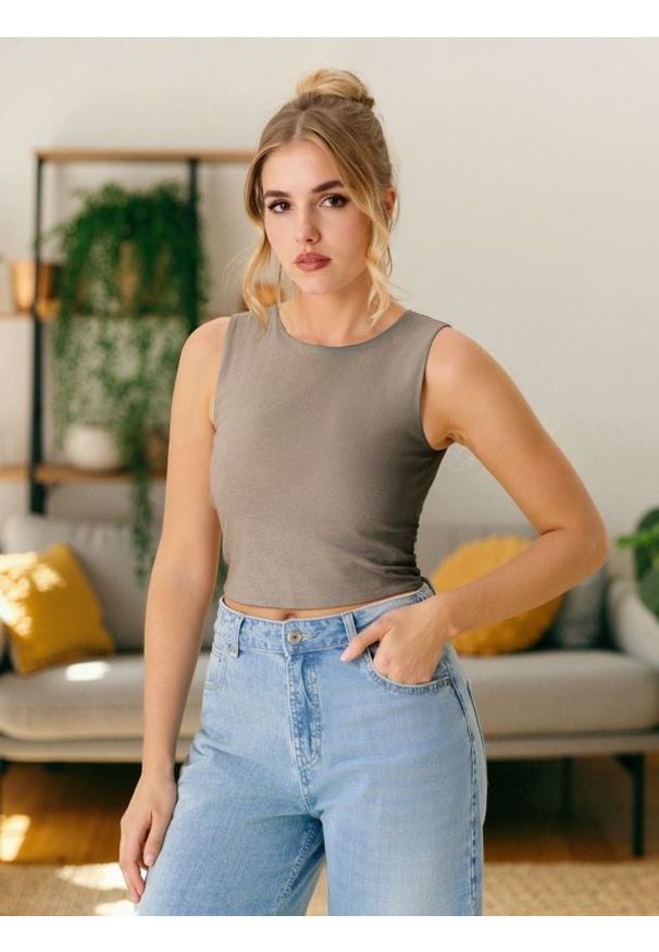 Sinsay - Crop top - beżowy. Kolor: beżowy