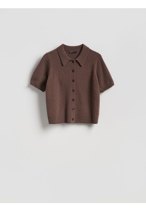 Reserved - Wełniany sweter polo - brązowy. Typ kołnierza: polo. Kolor: brązowy. Materiał: wełna