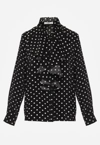Born2be - Czarna Wiskozowa Koszula w Kropki ze Stójką z Ozdobnymi Falbanami Isamene. Okazja: na co dzień. Typ kołnierza: kołnierzyk stójkowy. Kolor: czarny. Materiał: wiskoza. Wzór: kropki. Styl: casual, klasyczny #8