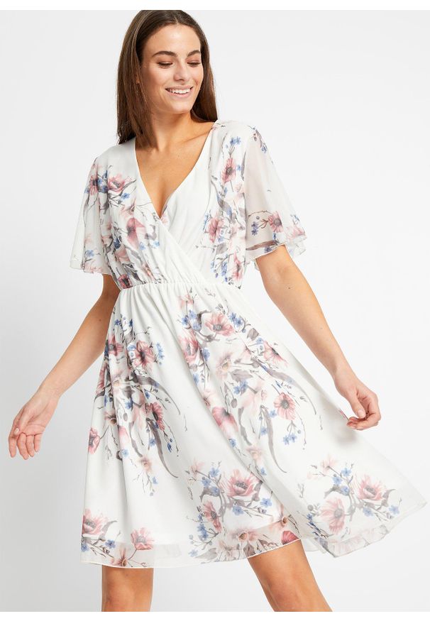 bonprix - Sukienka mini z siateczki. Kolor: biały. Materiał: materiał. Typ sukienki: kopertowe. Długość: mini