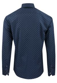 Męska Koszula, Taliowana (Slim Fit) - Rigon - Granatowa, Drobny Wzór. Okazja: do pracy, na spotkanie biznesowe. Kolor: niebieski. Materiał: bawełna, poliester, elastan. Długość rękawa: długi rękaw. Długość: długie. Styl: wizytowy, elegancki, biznesowy #3