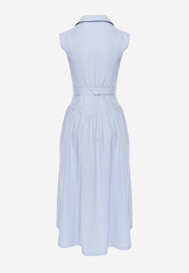 Renee - Niebieska Bawełniano-Wiskozowa Sukienka Koszulowa Bez Rękawów z Paskiem Athithoe. Okazja: na co dzień. Kolor: niebieski. Materiał: wiskoza, bawełna. Długość rękawa: bez rękawów. Typ sukienki: koszulowe. Styl: casual, elegancki