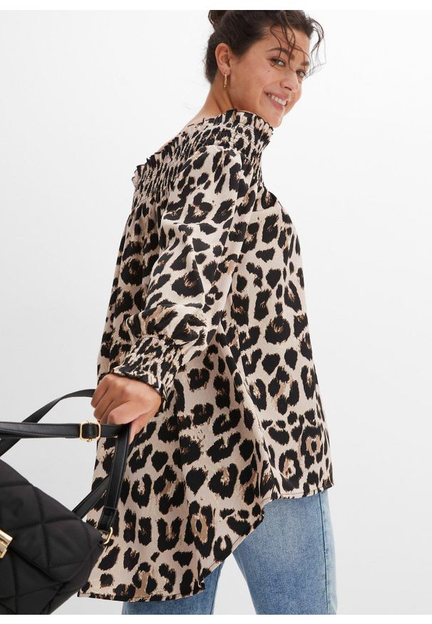 bonprix - Bluzka z dłuższym tyłem. Kolor: beżowy. Długość: długie