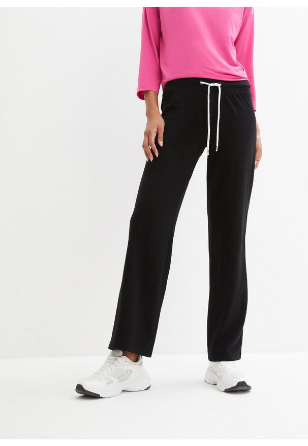 bonprix - Spodnie z bawełnianego dżerseju ze stretchem. Kolor: czarny. Materiał: jersey, bawełna. Styl: sportowy