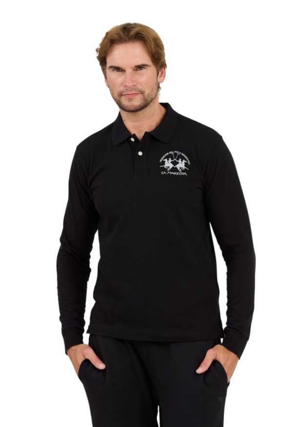 La Martina - LA MARTINA Czarny męski longsleeve polo Piquet Stretch, Rozmiar XXL. Typ kołnierza: polo. Kolor: czarny. Długość rękawa: długi rękaw