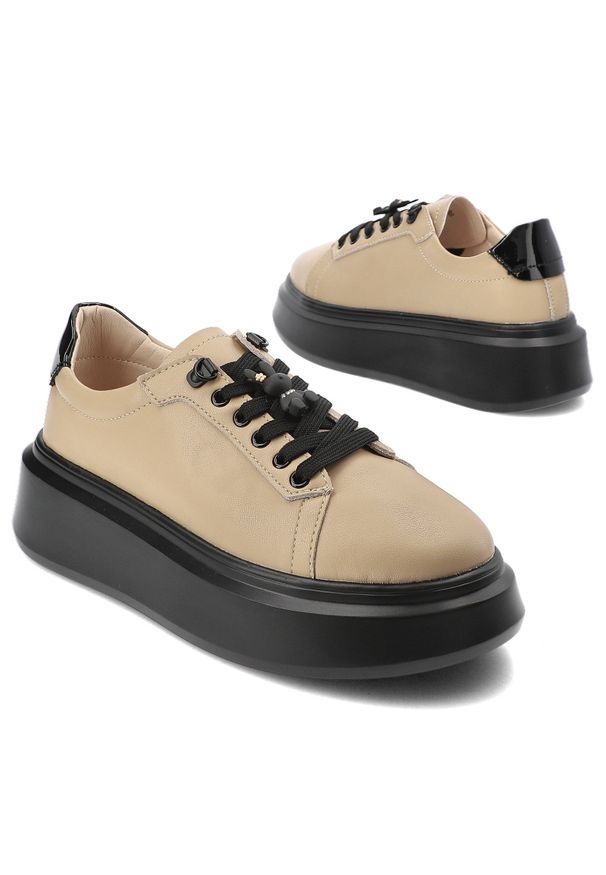 Beżowe Sneakersy Artiker Modne Obuwie Damskie. Okazja: na co dzień. Zapięcie: sznurówki. Kolor: beżowy. Materiał: skóra. Obcas: na platformie
