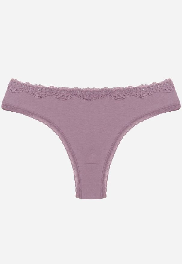 Born2be - Fioletowe Majtki z Bawełną Typu Stringi Ozdobione Koronką Cirilise. Kolor: fioletowy. Materiał: bawełna, koronka. Wzór: aplikacja, koronka