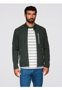 Ombre Clothing - Strukturalna kurtka biker męska ze stójką – ciemnozielona V3 - Rozmiar: L. Okazja: na co dzień. Typ kołnierza: kołnierzyk stójkowy. Kolor: zielony. Materiał: skóra, poliester, dzianina. Styl: casual, elegancki #5