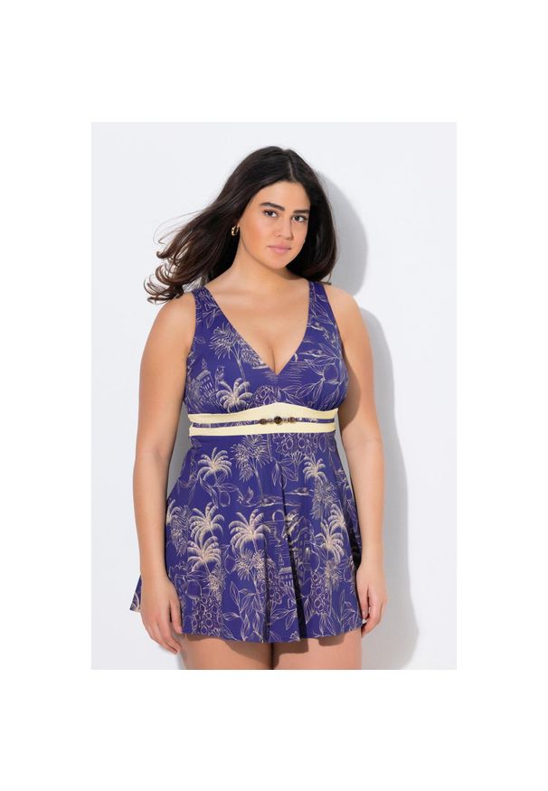 ULLA POPKEN - Damski Strój kąpielowy palmy miękkie miseczki Powermesh. Kolekcja: plus size. Kolor: niebieski. Materiał: poliester, elastan, poliamid, materiał