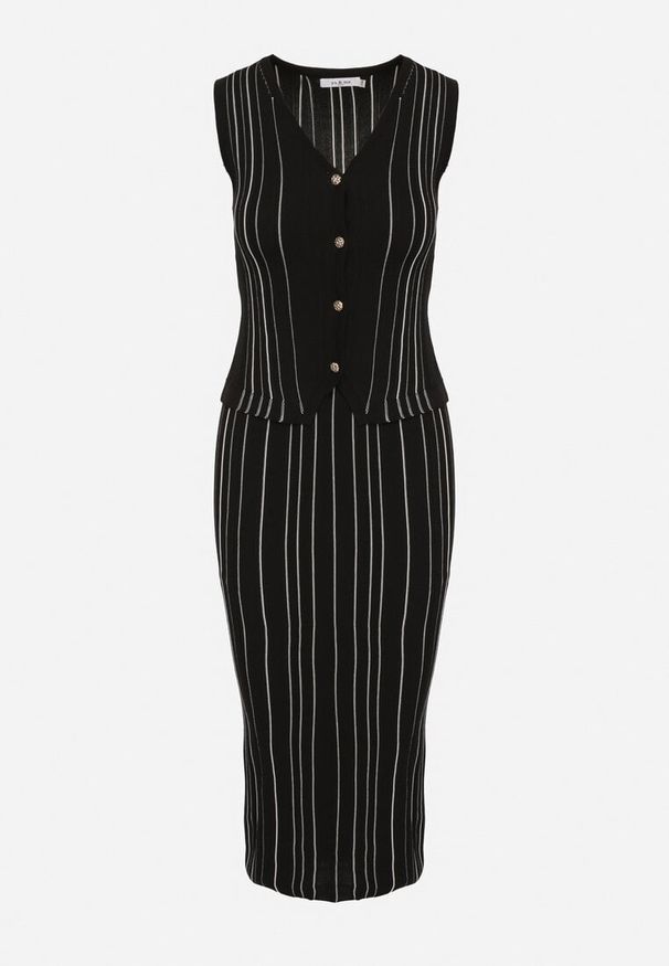 Born2be - Czarny Komplet z Wiskozą Kamizelka z Guzikami i Dopasowana Spódnica w Paski Neonnea. Kolor: czarny. Materiał: wiskoza. Wzór: paski