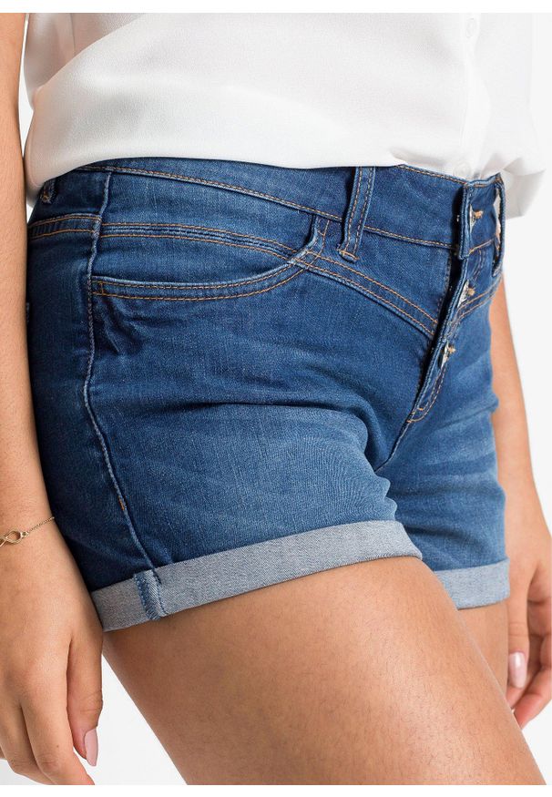bonprix - Szorty dżinsowe mid waist. Kolor: niebieski. Długość: krótkie. Sezon: lato