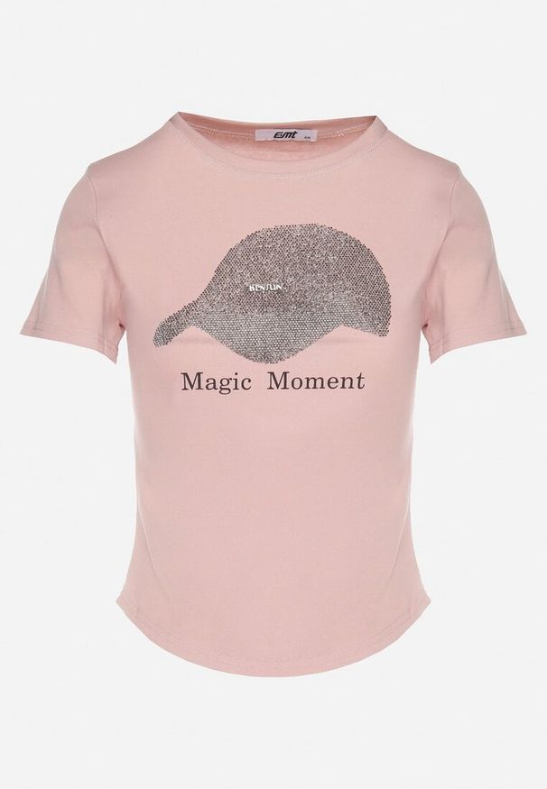 Born2be - Różowy T-shirt z Bawełny z Nadrukiem Czapki i Cyrkoniami Penilna. Okazja: na co dzień. Kolor: różowy. Materiał: bawełna. Wzór: nadruk. Styl: casual, klasyczny