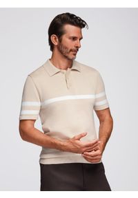 Ombre Clothing - Męska koszulka polo z miękkiej dzianiny z kontrastowymi pasami - beżowa V4 - Rozmiar: XXL. Okazja: na co dzień. Typ kołnierza: polo. Kolor: beżowy. Materiał: dzianina. Długość: krótkie. Wzór: paski. Styl: casual
