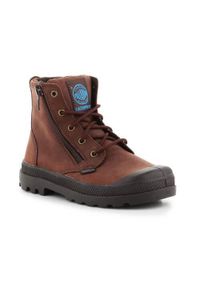 Buty do chodzenia dla dzieci Palladium Pampa HI Lea Gusset. Wysokość cholewki: za kostkę. Zapięcie: sznurówki. Kolor: brązowy. Materiał: zamsz, materiał, syntetyk. Szerokość cholewki: normalna. Sport: turystyka piesza