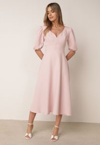 Born2be - Różowa Elegancka Sukienka z Bufiastymi Rękawami i Wiązaniem na Plecach Zeepy. Kolor: różowy. Wzór: gładki. Styl: elegancki #1