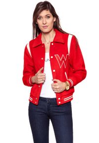 Wrangler - DAMSKA KURTKA PRZEJŚCIOWA WRANGLER BOMBER JACKET SALSA RED W4130VUWN. Materiał: skóra ekologiczna. Wzór: aplikacja. Sezon: lato