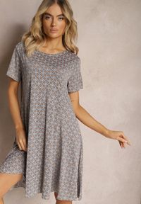 Renee - Niebiesko-Beżowa Sukienka Mini z Wiskozy z Rozkloszowanym Dołem Lontassa. Kolor: niebieski. Materiał: wiskoza. Sezon: lato. Długość: mini