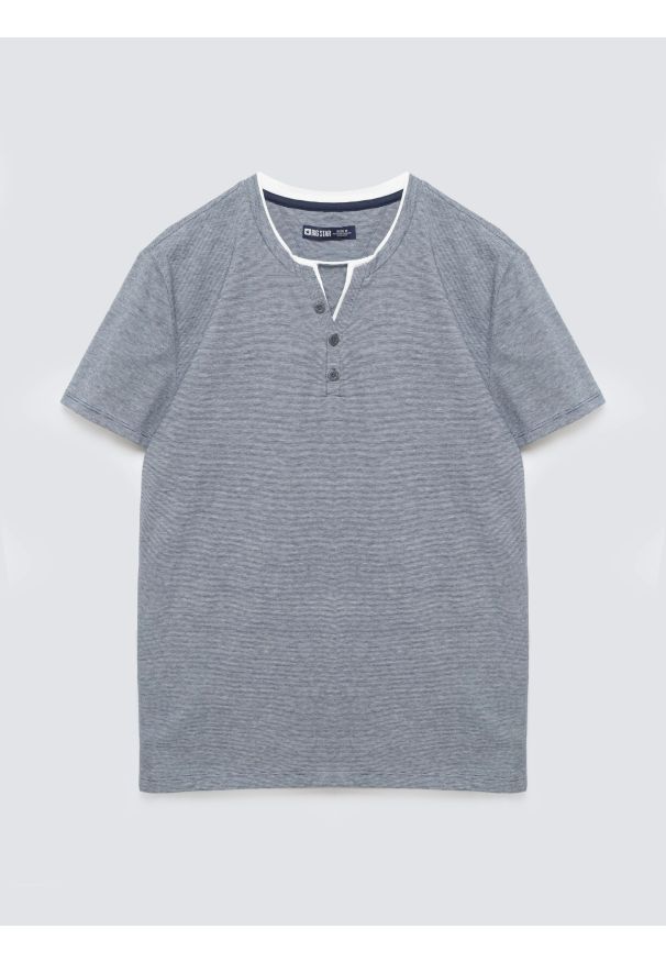 Big-Star - Koszulka męska w drobne paski granatowa Alanso 403. Okazja: na co dzień. Kolor: niebieski. Materiał: dzianina. Wzór: paski. Styl: casual, klasyczny