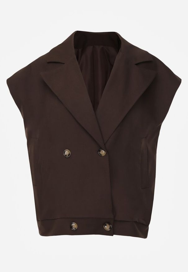 Renee - Brązowa Dwurzędowa Kamizelka Oversize o Garniturowym Kroju Edoriela. Kolor: brązowy. Materiał: koronka, poliester