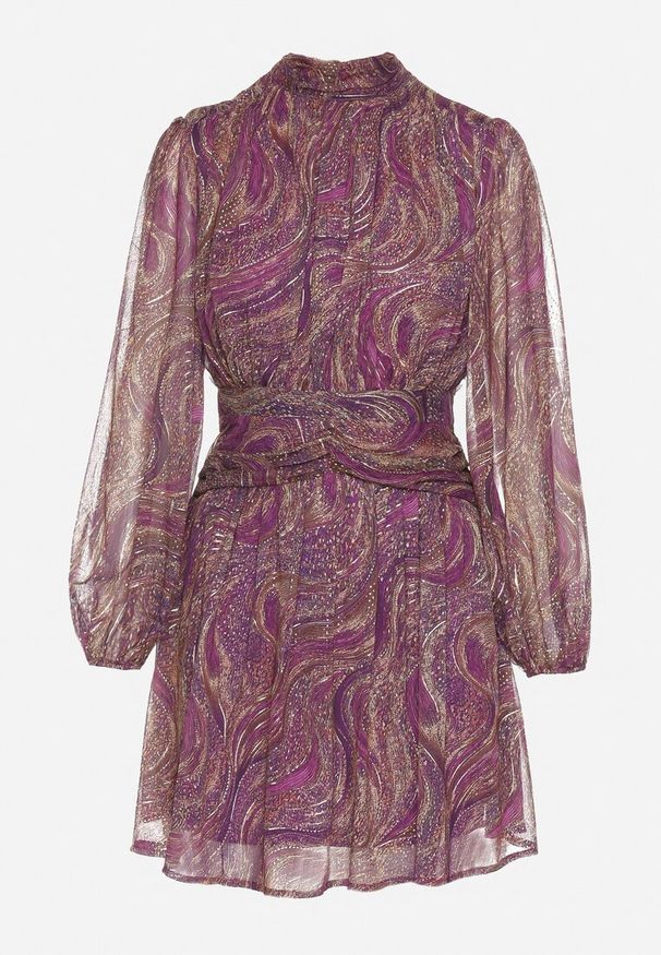 Born2be - Fioletowa Rozkloszowana Sukienka Taliowana ze Stójką i Transparentnymi Rękawami Labran. Okazja: na co dzień. Typ kołnierza: kołnierzyk stójkowy. Kolor: fioletowy. Typ sukienki: rozkloszowane. Styl: casual, elegancki