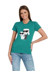 Karl Lagerfeld - KARL LAGERFELD Turkusowy damski t-shirt Ikonik 2.0, Rozmiar S. Kolor: niebieski