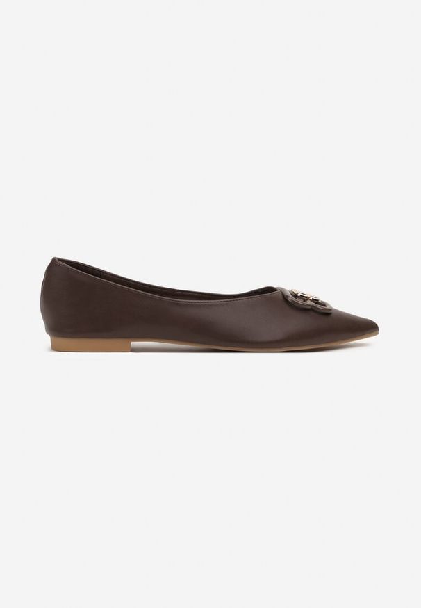 Born2be - Brązowe Balerinki z Noskiem w Szpic i Elegancką Aplikacją Naliema. Okazja: na co dzień. Nosek buta: szpiczasty. Kolor: brązowy. Wzór: aplikacja. Obcas: na płaskiej podeszwie. Styl: elegancki