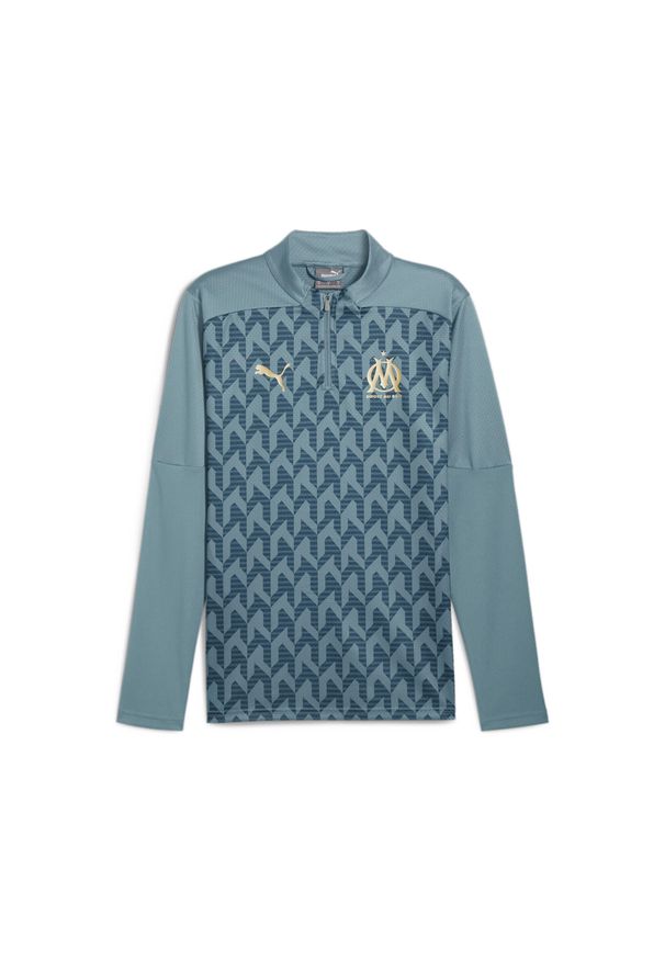 Puma - Męska bluza przedmeczowa z zamkiem 1/4 Olympique Marsylia PUMA. Kolor: niebieski. Długość rękawa: krótki rękaw. Długość: krótkie. Wzór: aplikacja. Sport: piłka nożna