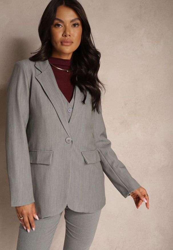 Renee - Szara Jednorzędowa Marynarka Ozdobiona Klapami Presli. Kolor: szary. Materiał: tkanina. Wzór: aplikacja. Styl: klasyczny