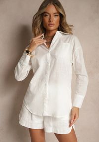 Renee - Biały Komplet z Bawełny Koszula z Rozcięciami przy Rękawach i Szorty Sarinevi. Kolor: biały. Materiał: bawełna