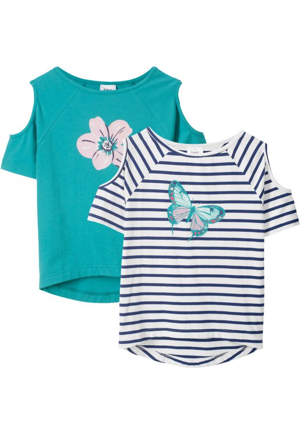 bonprix - T-shirt cold-shoulder z bawełny organicznej (2 szt.). Kolor: niebieski. Materiał: bawełna. Długość: długie. Wzór: kwiaty, nadruk, paski