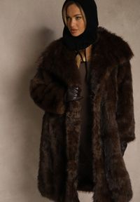 Renee - Brązowy Płaszcz Futro o Jednorzędowym Kroju z Szerokim Kołnierzem Aweda. Okazja: na co dzień. Kolor: brązowy. Materiał: futro. Styl: wizytowy, casual, elegancki #4