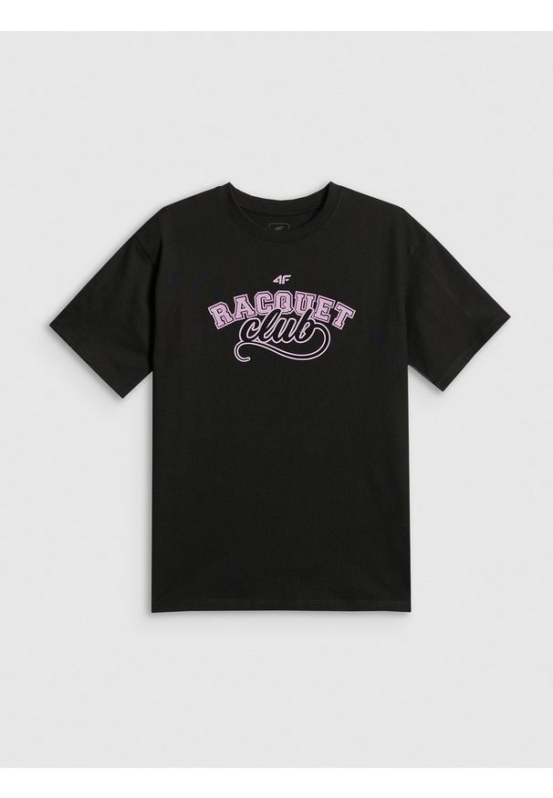 4f - 4F T-shirt oversize z nadrukiem dziewczęcy - czarny 134/140 (8-10 lat). Okazja: na co dzień. Kolor: czarny. Materiał: bawełna, dzianina. Wzór: nadruk. Sezon: lato. Styl: casual