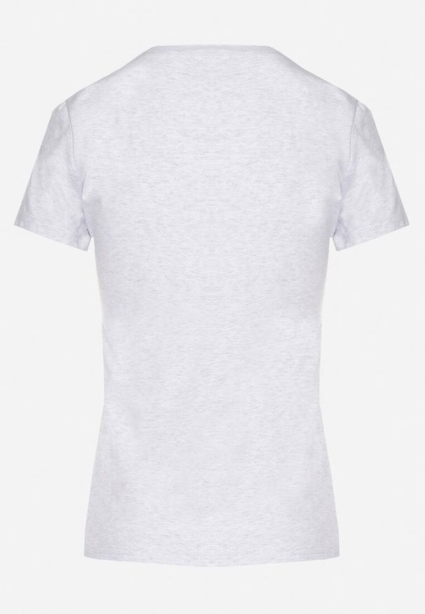 Born2be - Jasnoszary Bawełniany T-shirt Ozdobiony Napisem i Cyrkoniami Isnorea. Okazja: na co dzień. Kolor: szary. Materiał: bawełna. Wzór: napisy, aplikacja. Styl: glamour, casual