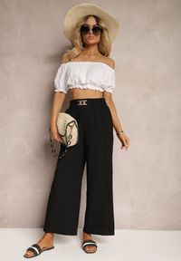 Renee - Czarne Spodnie z Szerokimi Nogawkami w Stylu Palazzo High Waist z Gumką w Pasie z Ozdobnym Elementem Ellsiana. Okazja: na co dzień. Stan: podwyższony. Kolor: czarny. Materiał: bawełna. Styl: elegancki, casual