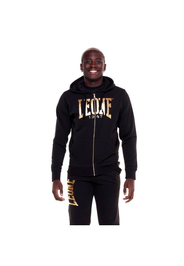 LEONE 1947 APPAREL - Męska bluza z kapturem i zamkiem błyskawicznym w kolorze złotym. Typ kołnierza: kaptur. Kolor: czarny. Materiał: tkanina. Sport: fitness