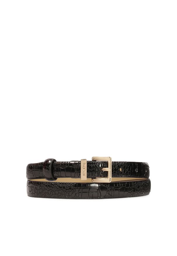 Kazar - Atrakcyjny cienki pasek z lakierowanej skóry z tłoczeniem. Kolor: czarny. Materiał: skóra, lakier. Wzór: nadruk, motyw zwierzęcy, aplikacja