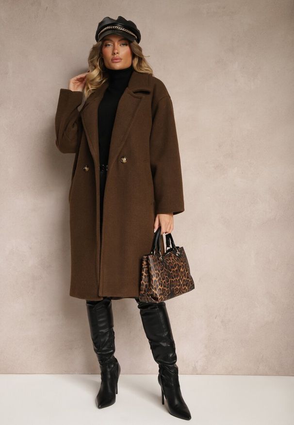 Renee - Brązowy Dwurzędowy Płaszcz Oversize z Wełną Spolete. Kolor: brązowy. Materiał: wełna. Styl: elegancki