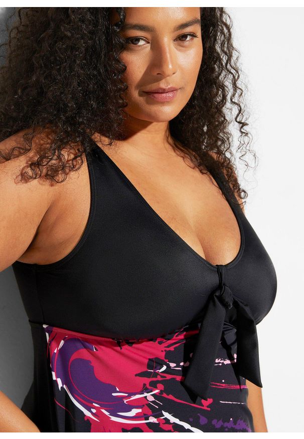 bonprix - Sukienka kąpielowa na szerokich ramiączkach. Kolor: czarny. Długość rękawa: na ramiączkach. Wzór: nadruk