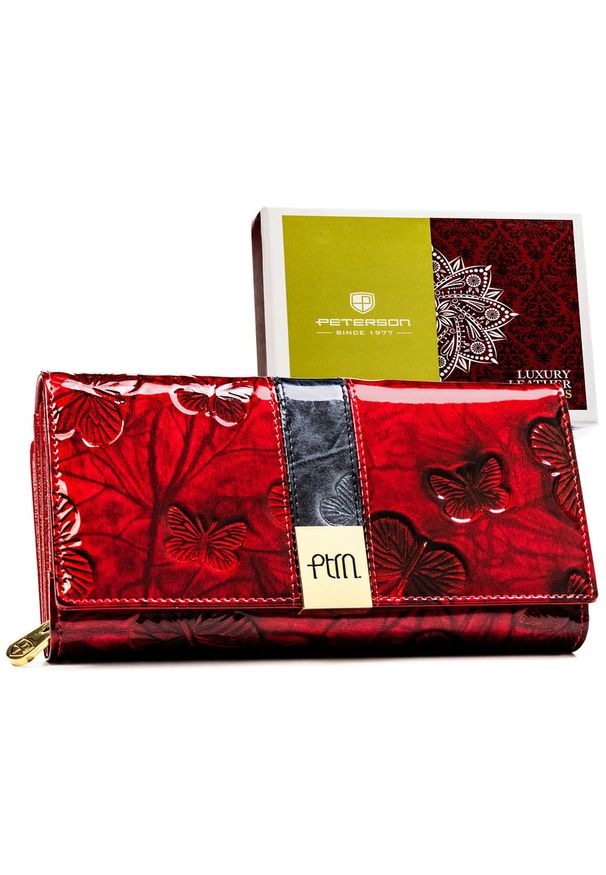 Elegancki portfel damski ze skóry naturalnej w czerwonym kolorze, zamykany zatrzaskiem - Peterson. Kolor: czerwony. Materiał: skóra