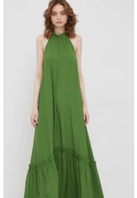 Sisley sukienka kolor zielony maxi rozkloszowana. Typ kołnierza: dekolt halter. Kolor: zielony. Materiał: tkanina. Wzór: gładki. Typ sukienki: rozkloszowane. Długość: maxi