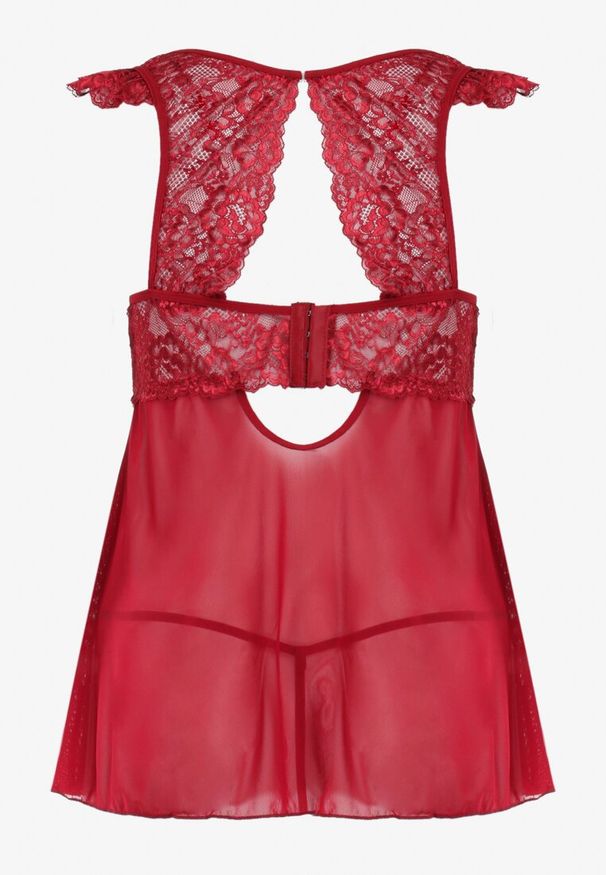 Born2be - Bordowa Koszula Nocna z Koronką i Stringami Deramo. Kolor: czerwony. Materiał: koronka. Wzór: koronka