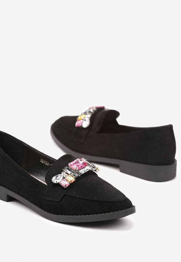 Born2be - Czarne Mokasyny z Ozdobnymi Kryształkami Orilene. Okazja: na co dzień. Kolor: czarny. Materiał: jeans. Obcas: na obcasie. Styl: klasyczny, elegancki, casual. Wysokość obcasa: niski