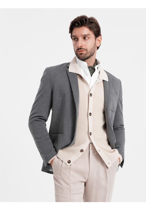 Ombre Clothing - Elegancka dopasowana marynarka męska ze strukturalnej dzianiny – grafitowa V3 - Rozmiar: L. Kolor: szary. Materiał: dzianina. Wzór: melanż, aplikacja. Styl: elegancki