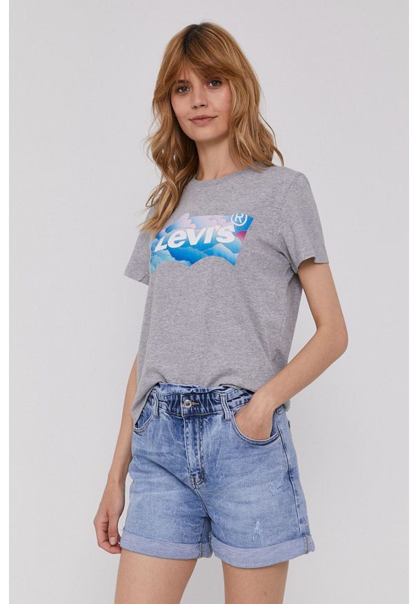 Levi's® - Levi's T-shirt damski kolor szary. Okazja: na spotkanie biznesowe, na co dzień. Kolor: szary. Materiał: dzianina. Wzór: nadruk. Styl: biznesowy, casual