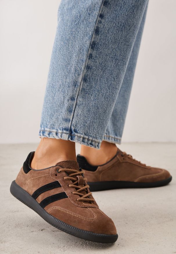 Born2be - Brązowe Sneakersy Retro Tenisówki z Zamszu Naturalnego ze Skórzaną Wkładką Celarge. Okazja: na co dzień. Kolor: brązowy. Materiał: skóra, zamsz. Szerokość cholewki: normalna