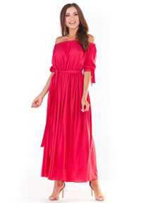 Awama - Długa Sukienka z Hiszpańskim Dekoltem - Fuksja. Kolor: różowy. Materiał: elastan, wiskoza. Długość: maxi