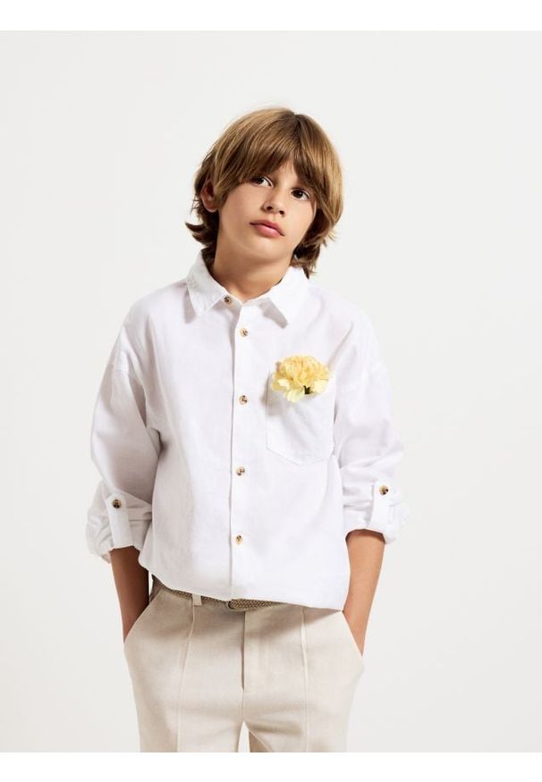 Reserved - Bawełniana koszula z lnem - biały. Kolor: biały. Materiał: bawełna, len