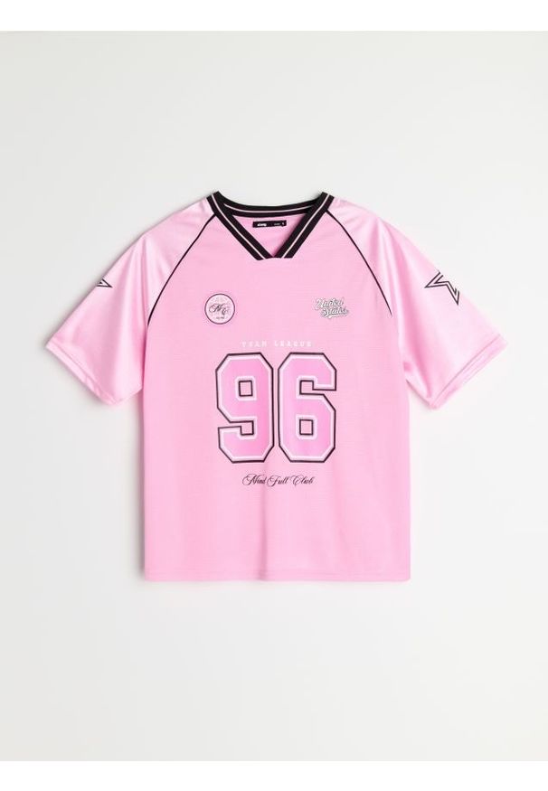 Sinsay - Koszulka typu jersey z dekoltem V - różowy. Kolor: różowy. Materiał: jersey