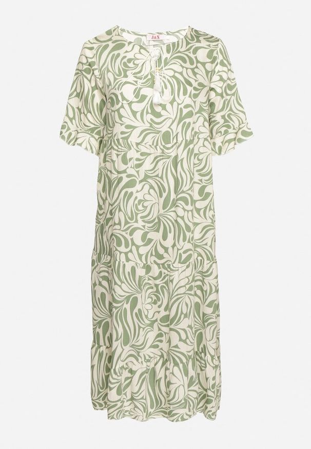 Born2be - Zielona Sukienka z Wiskozy o Prostym Kroju z Wiązaniem w Roślinny Wzór Edirania. Okazja: na co dzień. Typ kołnierza: dekolt w serek. Kolekcja: plus size. Kolor: zielony. Wzór: aplikacja. Typ sukienki: proste. Materiał: wiskoza. Długość rękawa: krótki rękaw. Styl: casual, klasyczny, elegancki